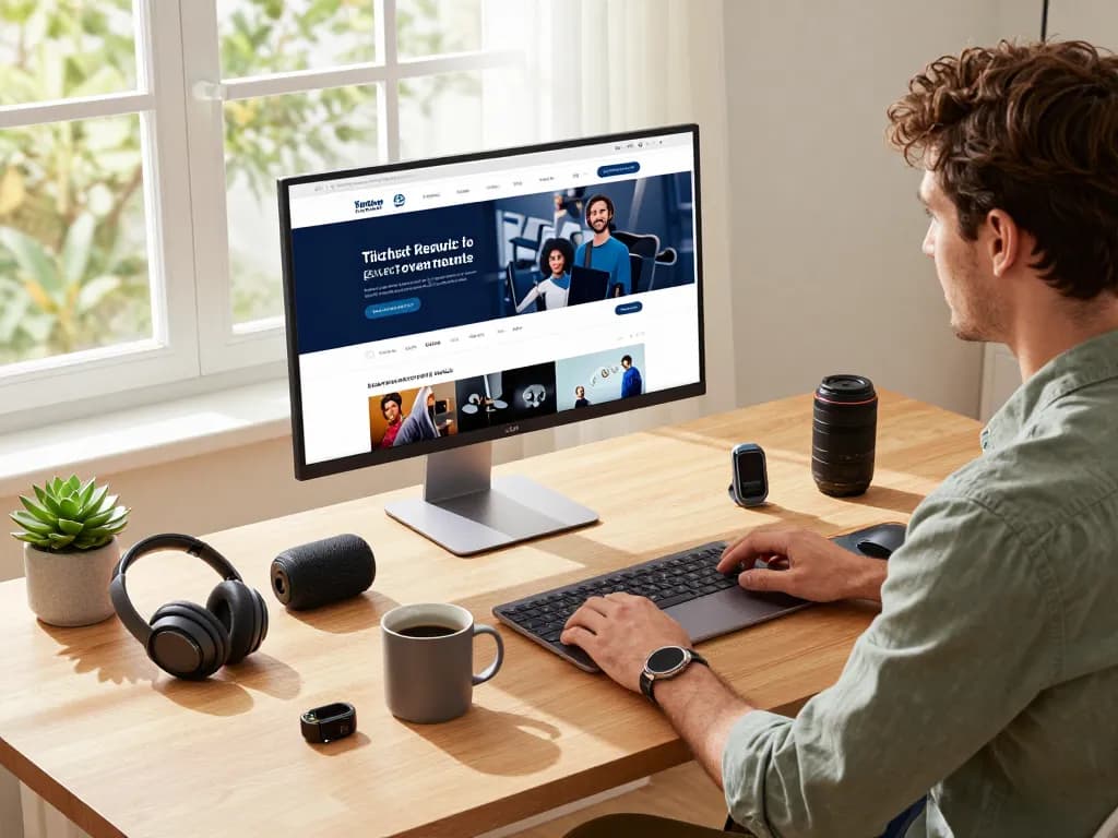 best tech gadgets for men displayed around a young professional in a modern workspace