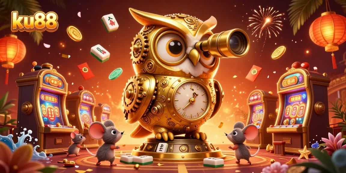 Experience the excitement of ku88 with a vibrant 3D illustration showcasing a golden owl and bustling casino scenes.
