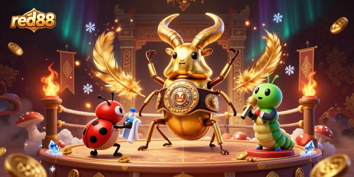 Engaging in thrilling red88 casino action with a giant beetle, ladybug corner-man, and caterpillar announcer in a vibrant setting.
