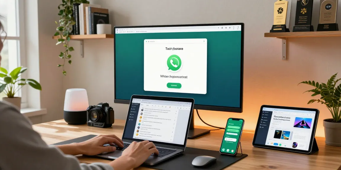 Engaged user utilizing WhatsApp電腦版 on desktop in a modern workspace.
