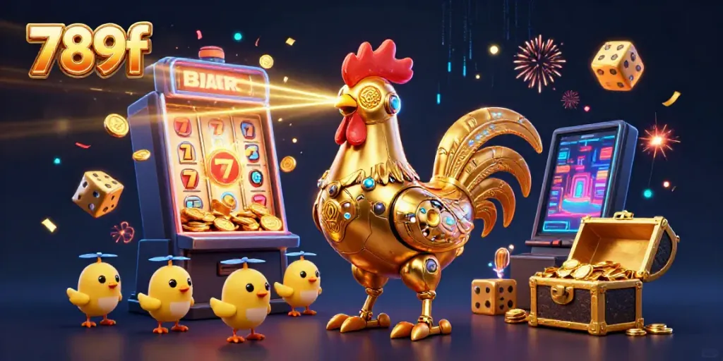 Engage with the vibrant 789f casino scene featuring a golden rooster robot, showcasing thrilling jackpots and games.