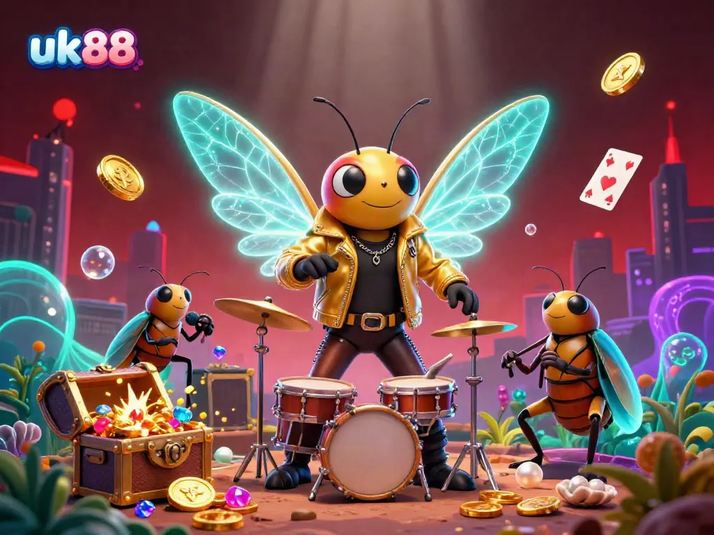 Experience the thrilling action at uk88 with a lively 3D casino scene featuring a vibrant rock star cicada.