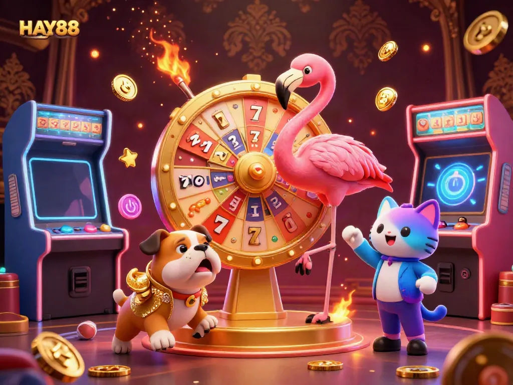 Experience HAY88 with an engaging casino scene featuring lively characters and vibrant gaming elements.