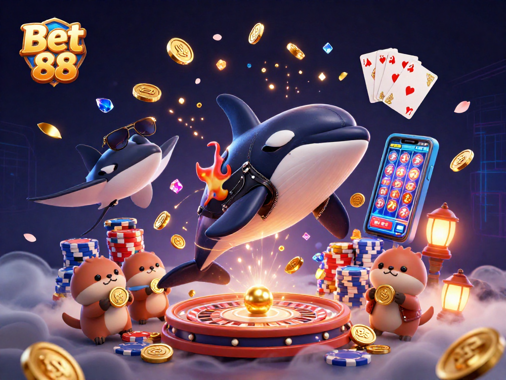 Experience winning strategies with Bet 88 in this dynamic casino illustration featuring exciting characters.