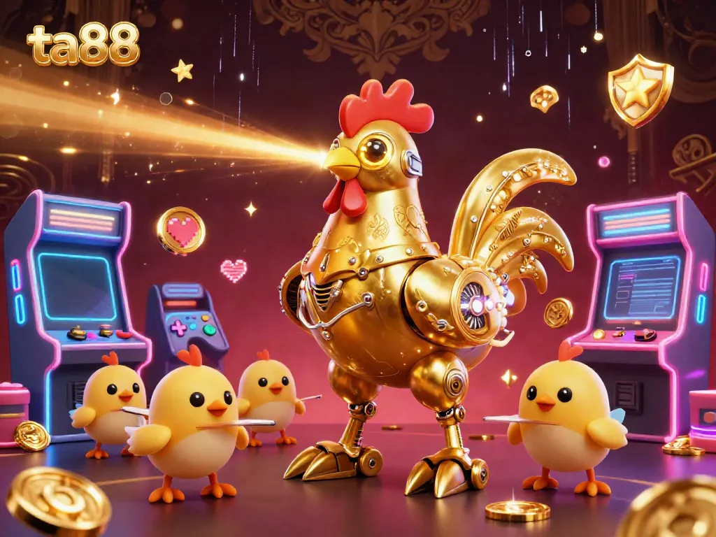 Experience the excitement of ta88 with a vibrant 3D illustration of a robotic rooster and chick drones amidst arcade gaming elements.