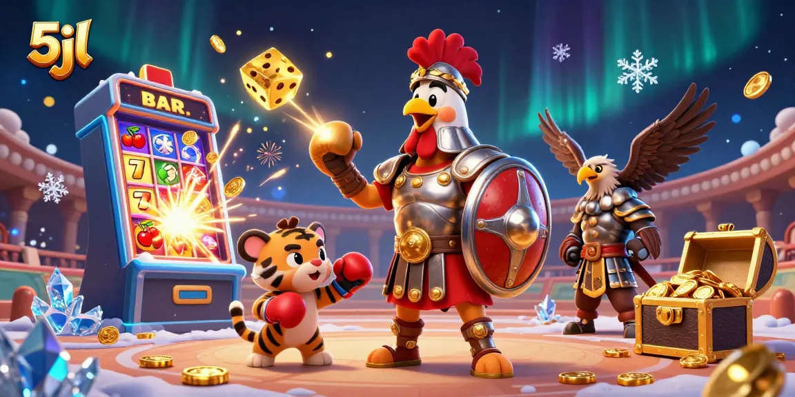 Experience the thrill of gambling with 5jl featuring a gladiator rooster and dynamic casino elements.