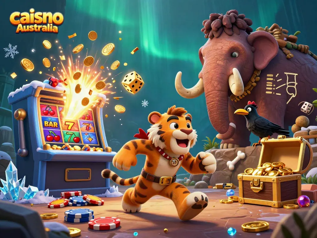 Engage in exciting gaming at caisno Australia with a 3D cartoon illustration of a lively prehistoric casino.