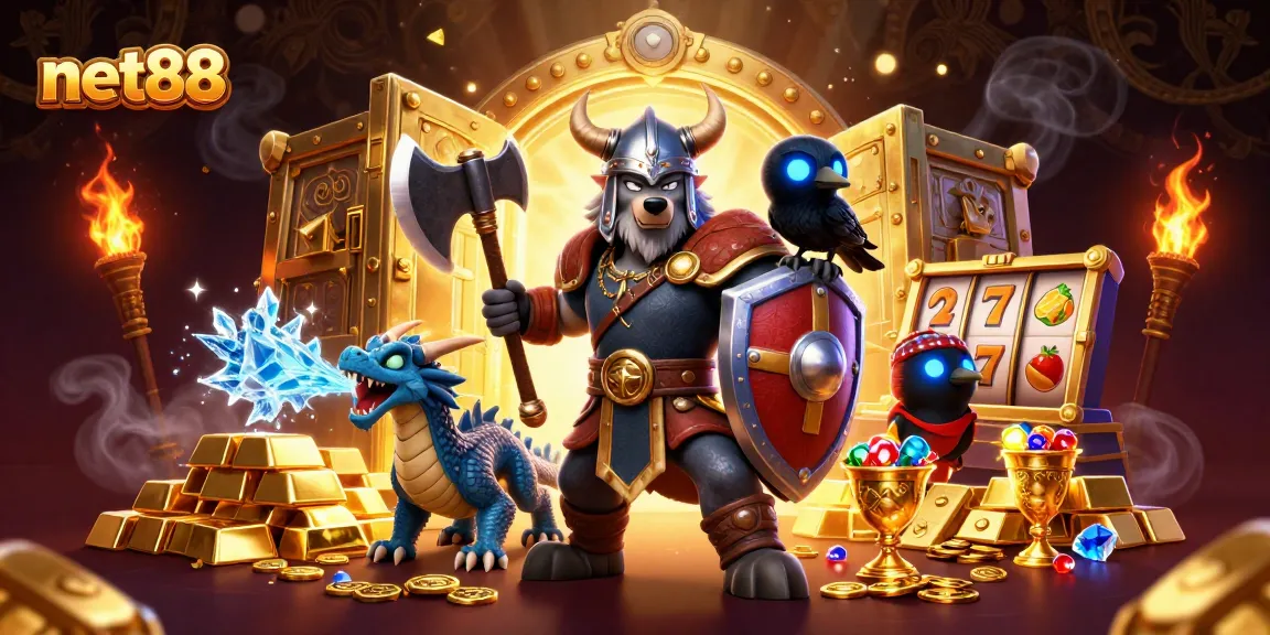 Engage with net88's thrilling slots through a vibrant 3D illustration showcasing unique characters and rich treasures.