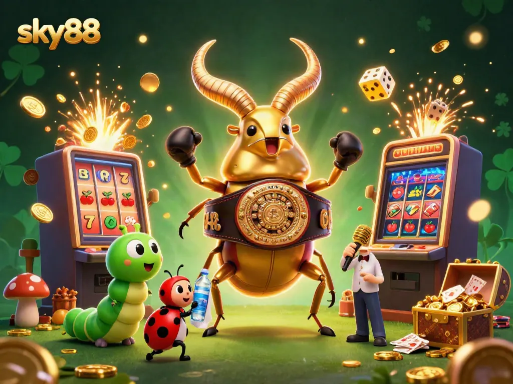 Experience excitement at sky88 with a vibrant scene featuring playful characters and dynamic casino elements.