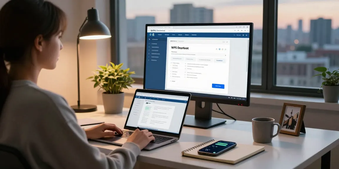 WPS Download in a cozy home office with a user digitally accessing software.