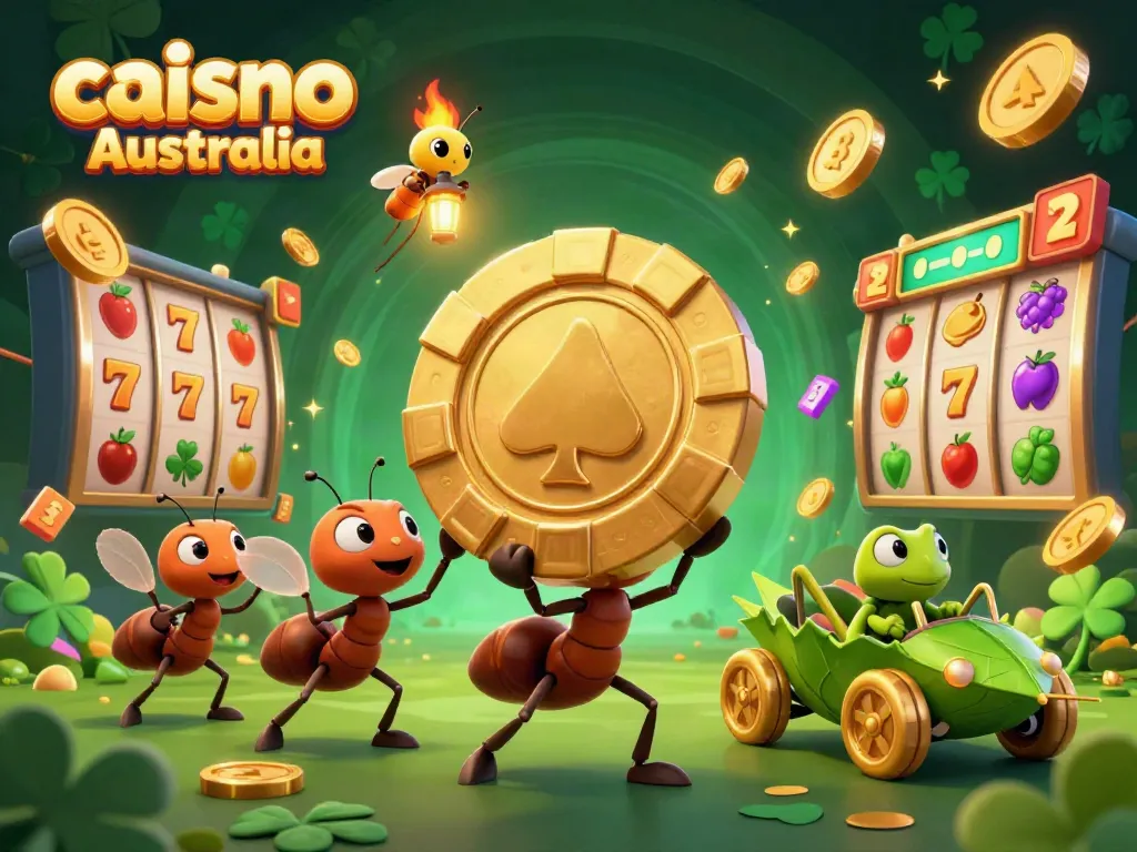 Cartoon ants heisting a giant poker chip in a lively casino scene, showcasing caisno Australia.