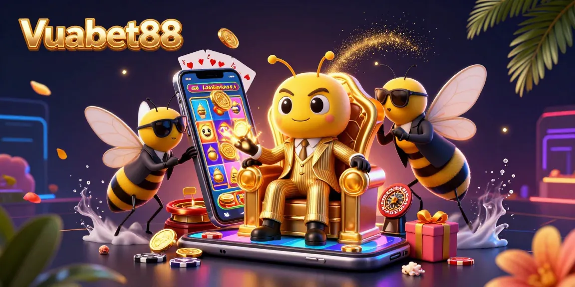 Experience the excitement of Vuabet88 with a vibrant 3D cartoon scene featuring a bumblebee mob boss and casino elements.