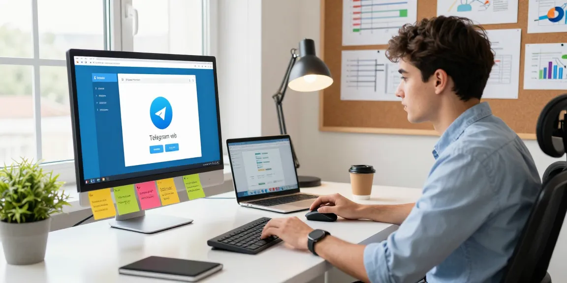 Using the Telegram web version in a modern tech workspace featuring gadgets and bright natural light.