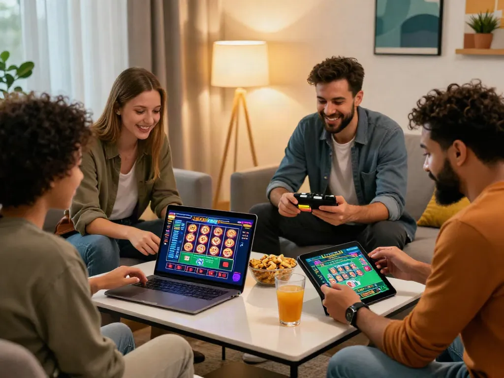 Diverse friends enjoying ta88 online gambling with live casino games in a stylish setting.