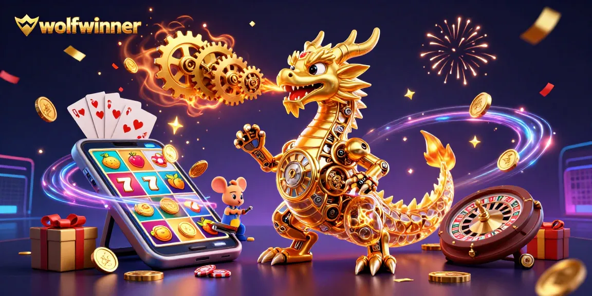 wolfwinner showcases an engaging 3D cartoon casino world with a vibrant golden dragon and dynamic slot game action.