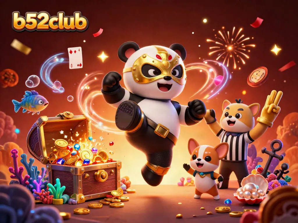 B52Club showcases a lively cartoon scene with a panda wrestler and animal spectators engaging in dynamic casino-themed fun.