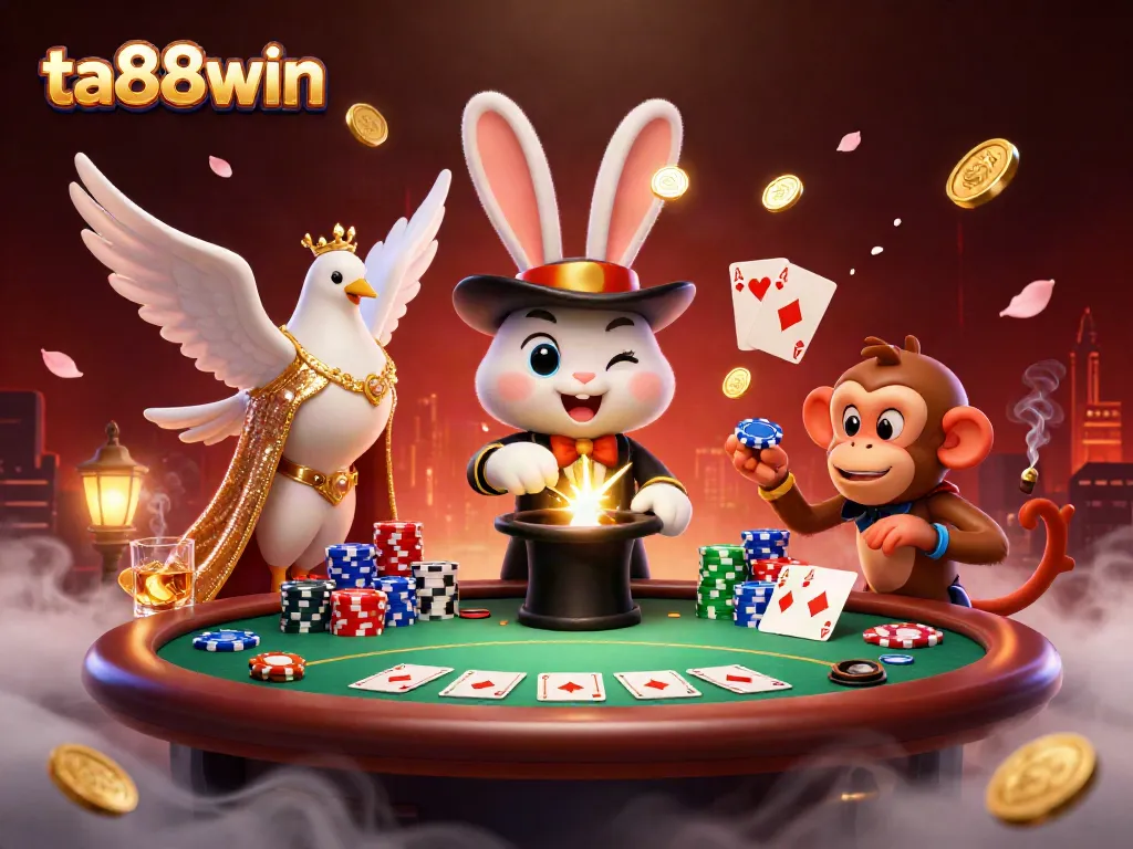 Experience ta88win's dynamic casino scene featuring a cartoon magician and playful characters amidst poker action.