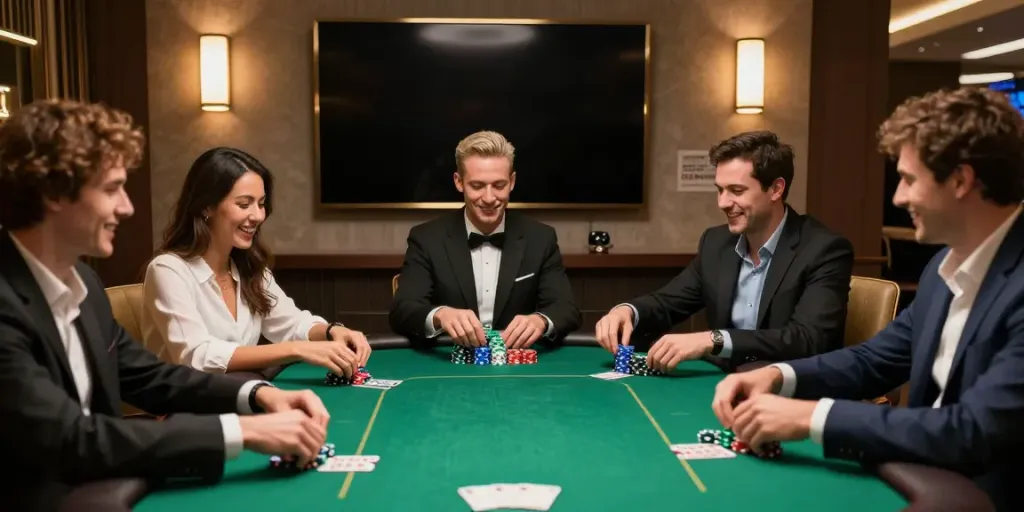 Exciting uk88 casino poker night featuring friends at a vibrant table.