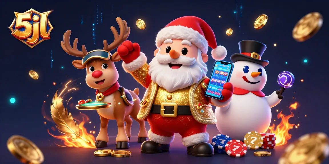 Play exciting jackpot slots with 5jl at a festive casino scene featuring Santa and friends.