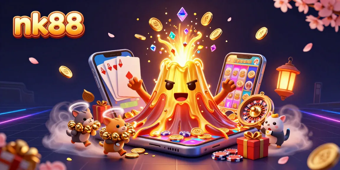 Win big with nk88 as a golden volcano erupts coins and treasures in this thrilling casino scene.