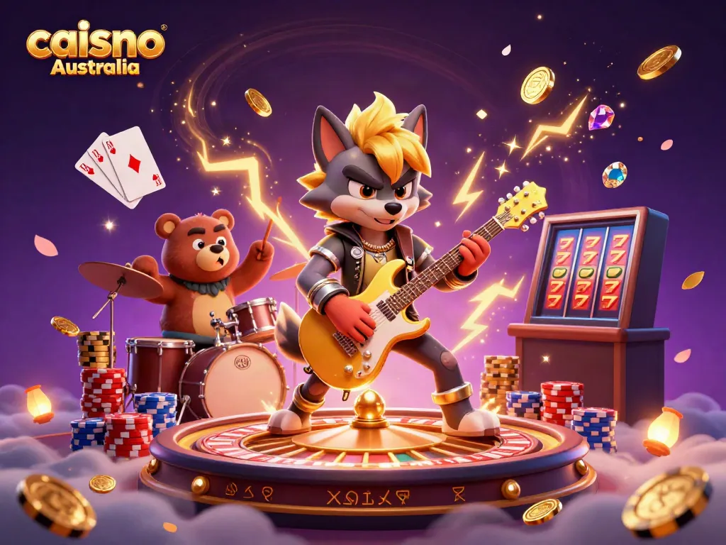 Experience excitement at caisno Australia with a rock star wolf and a drummer bear in a captivating casino scene.