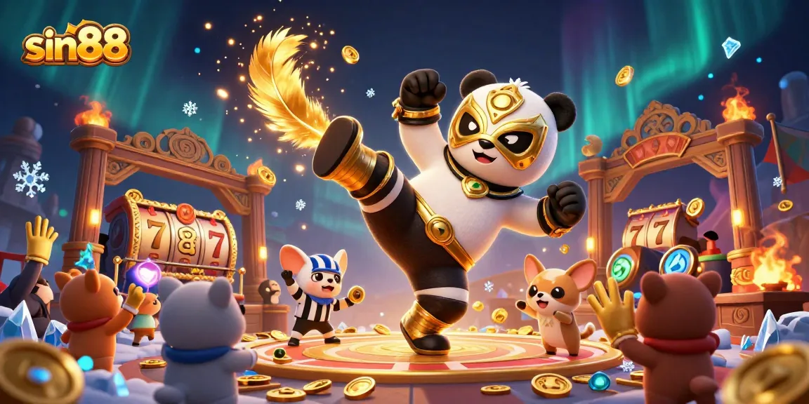 Sin88 casino scene with a wrestling panda and a referee chihuahua surrounded by vibrant slot elements.