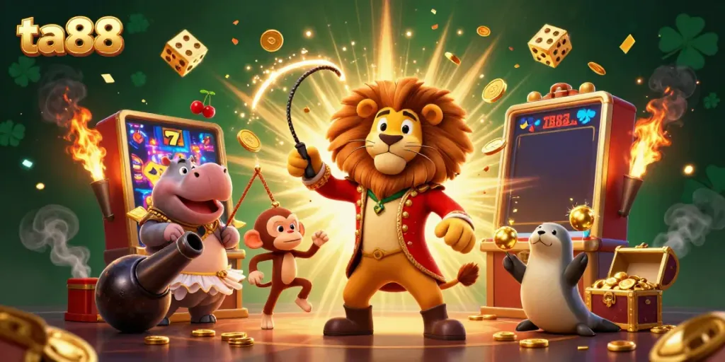 Experience thrilling action at ta88 with a vibrant 3D casino scene bursting with charm and excitement.