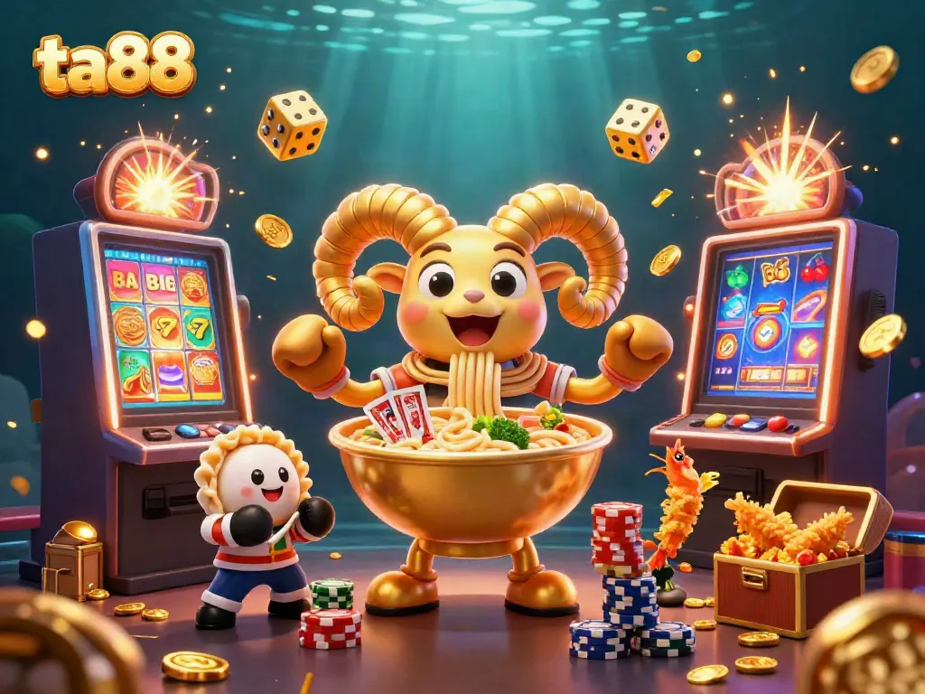 Experience thrilling gameplay with ta88's vibrant casino scene featuring characters dealing cards and surrounded by jackpots!