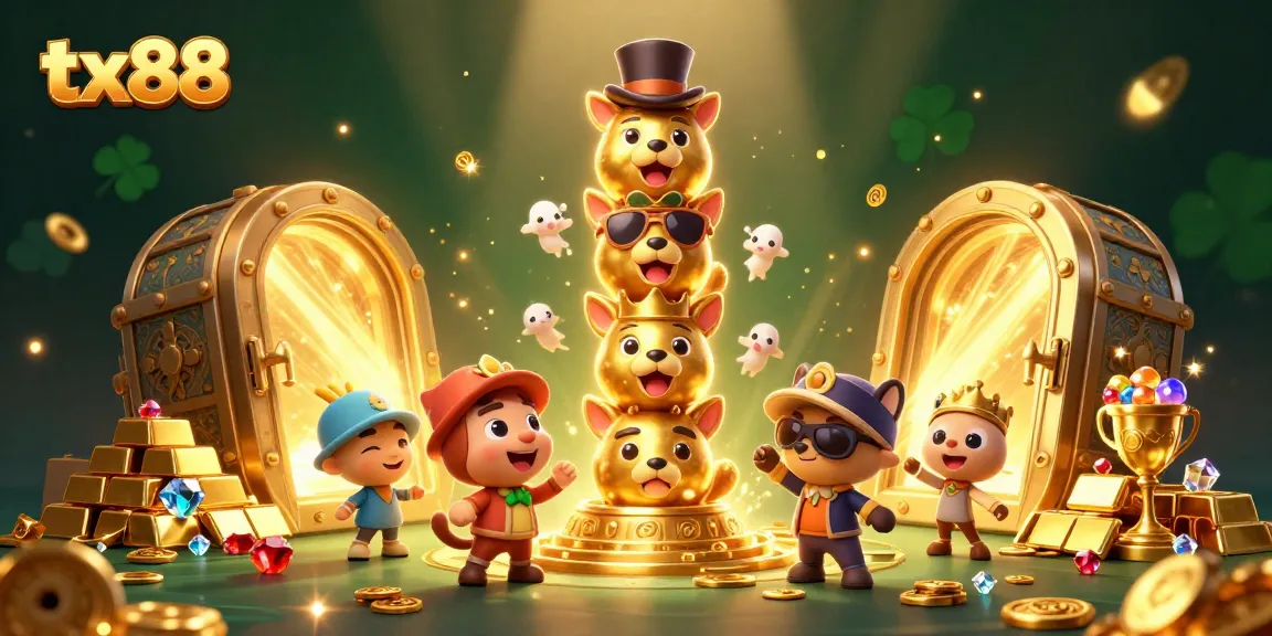 Win big with tx88 at this vibrant casino scene featuring animated characters and gold treasures.