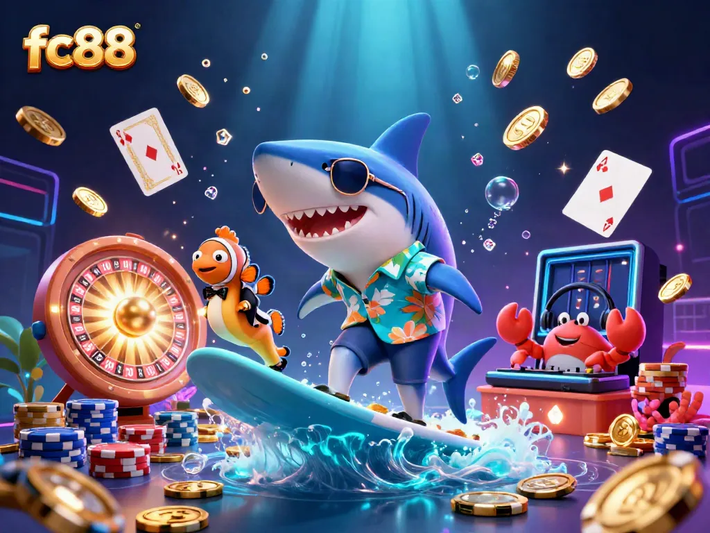 Engage with exciting gameplay at fc88 with an energetic scene featuring colorful characters and vibrant casino elements.