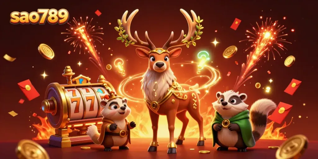 Win big at Sao789 with the enchanted stag and badger amidst a vibrant casino celebration.