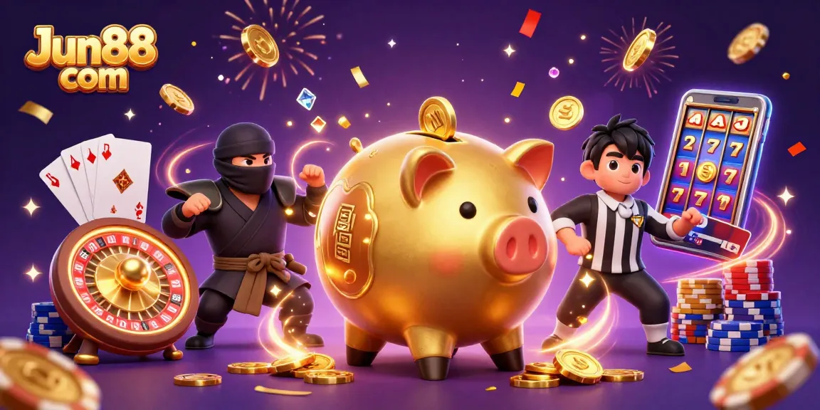 Experience thrilling gameplay with Jun88 com featuring a massive golden piggy bank sumo wrestler and dynamic casino elements.