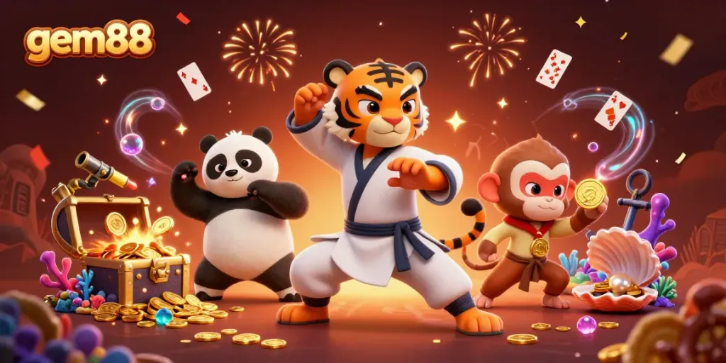 Immerse in the thrilling action of gem88 with vibrant casino characters and elements highlighting the excitement of gameplay.