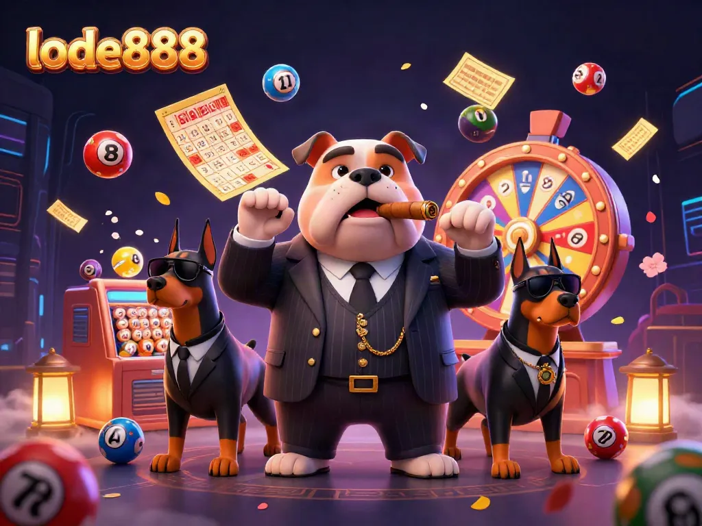 Engage in lode888 lottery games featuring a mafia bulldog and dynamic colorful elements.