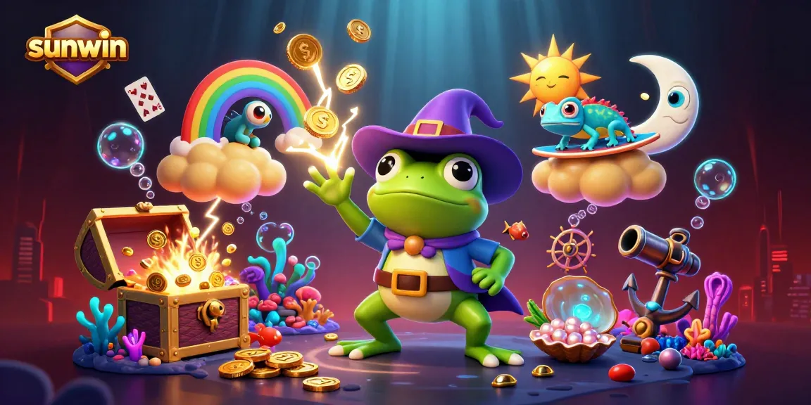 Engage with the sunwin casino world featuring a weather wizard frog amidst a vibrant coin storm and chameleon.