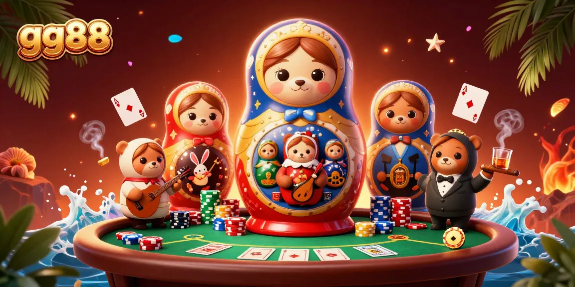 Experience the vibrant gaming world of gg88 with a lively casino scene showcasing adorable characters and epic poker elements.