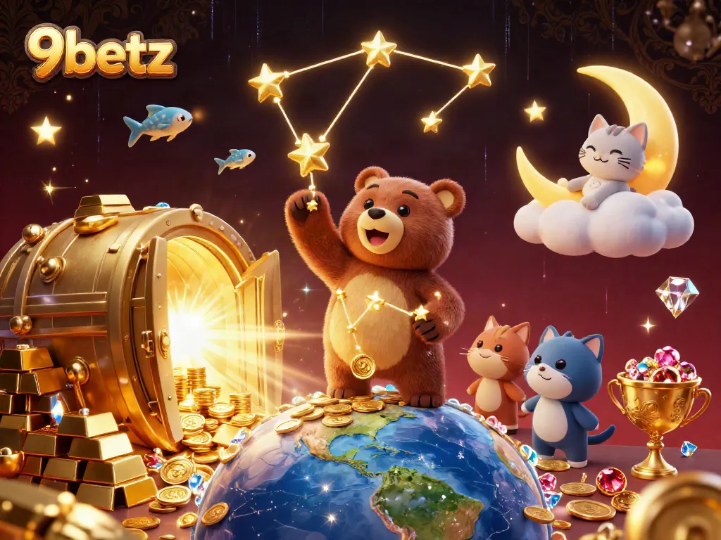 Engage with 9betz in this vibrant illustration featuring a constellation bear and treasures in an enchanting casino setting.