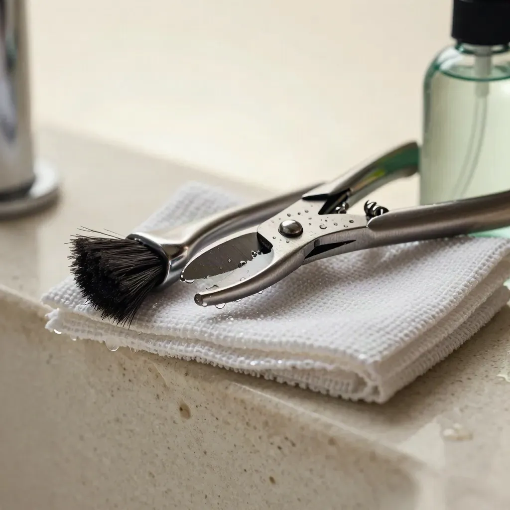 Taş lavabo kenarında temizlenmiş budama makası, fırça, mikrofiber bez ve sis şişesi.