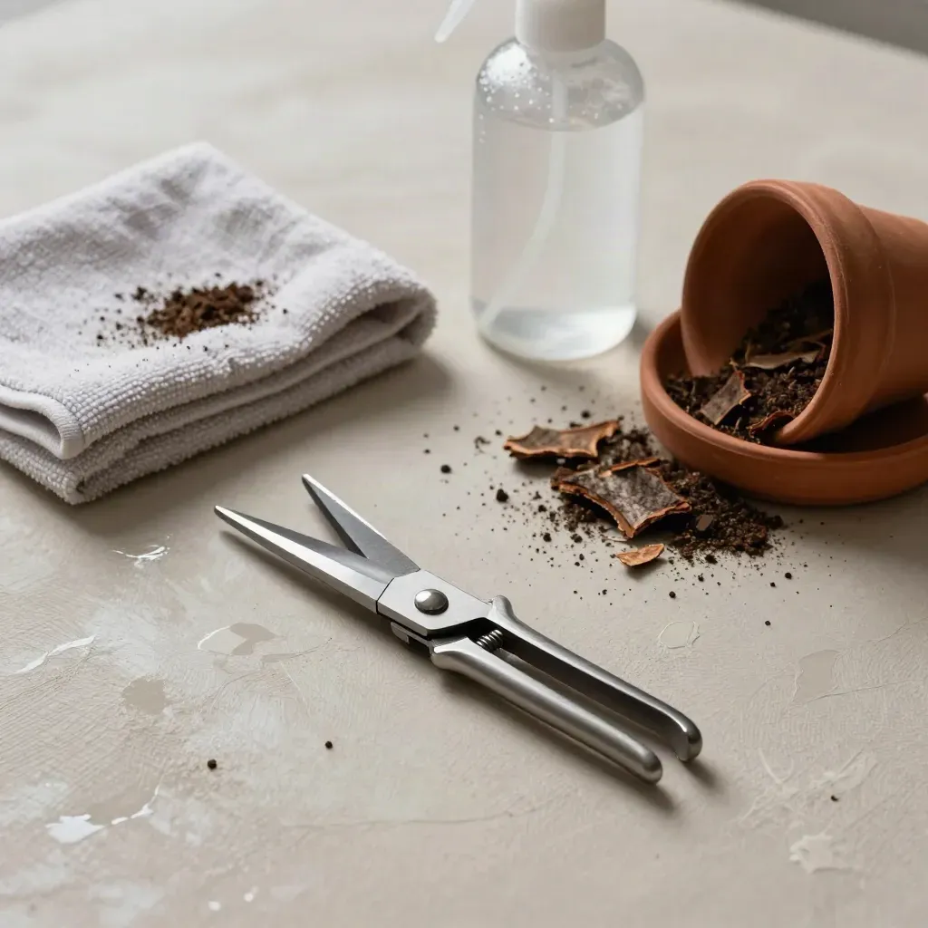 Saksı değişimi sonrası budama makası, sprey şişesi, mikrofiber bez ve bark çipleri