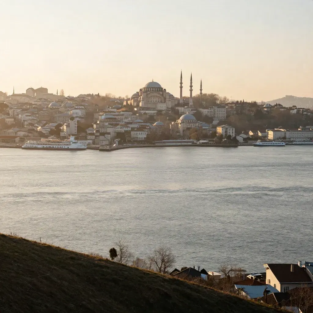 Boğaz ve tarihi yarımada silüeti, alt kısımda sakin su ve sis.
