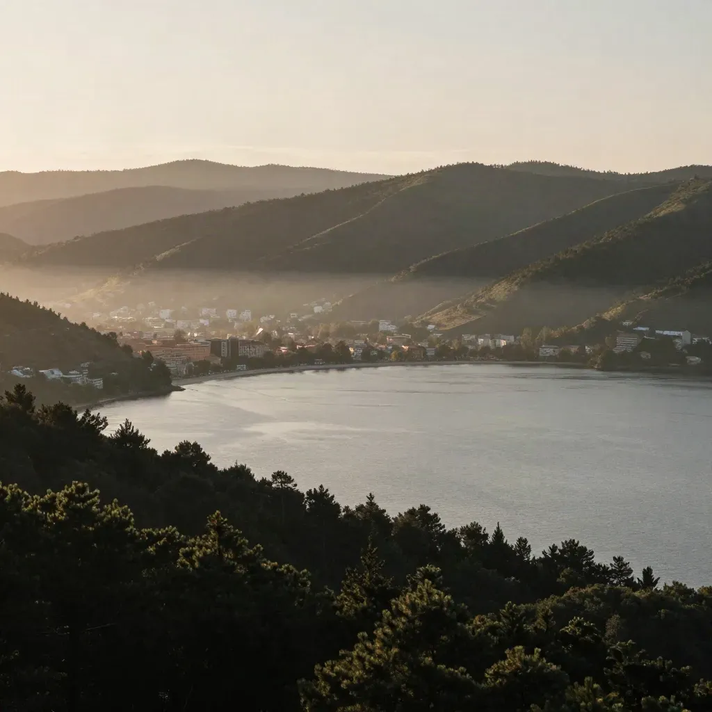 İzmit Körfezi, ormanlı tepeler ve sisli şehir kıyısı, geniş sakin manzara.