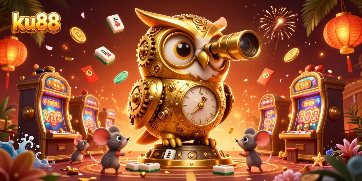 Experience the excitement of ku88 with a vibrant 3D illustration showcasing a golden owl and bustling casino scenes.