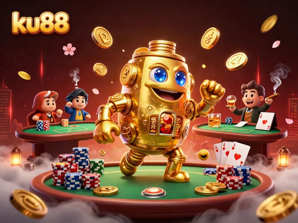 Spin for winnings at ku88 with a dynamic 3D golden golem mascot surrounded by poker elements.