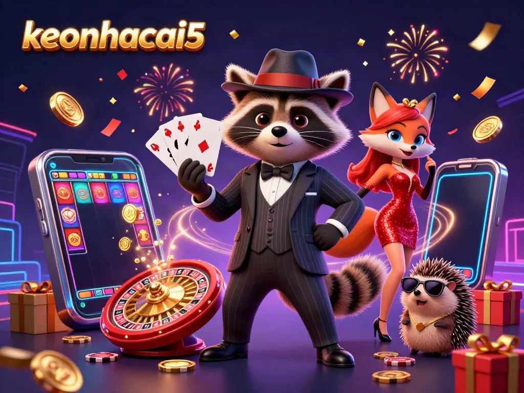 Experience the thrill of betting with keonhacai5 featuring a suave raccoon and his companions.