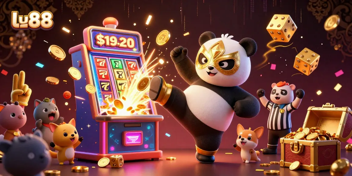 Experience thrilling jackpots with lu88's 3D animated panda wrestling scene animated with energetic casino elements.