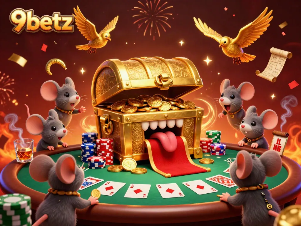 Gamblers engaging with the enticing 9betz treasure chest, amidst a vibrant casino atmosphere.