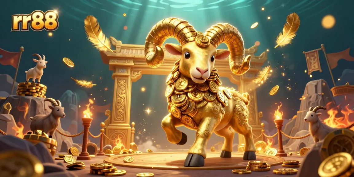 Experience the excitement of rr88 with a dynamic scene featuring a golden ram in a vibrant casino setting.