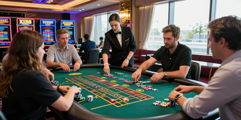 Exciting casino gaming at KU88 with players and lively dealer surrounded by vibrant decor and sunlight.