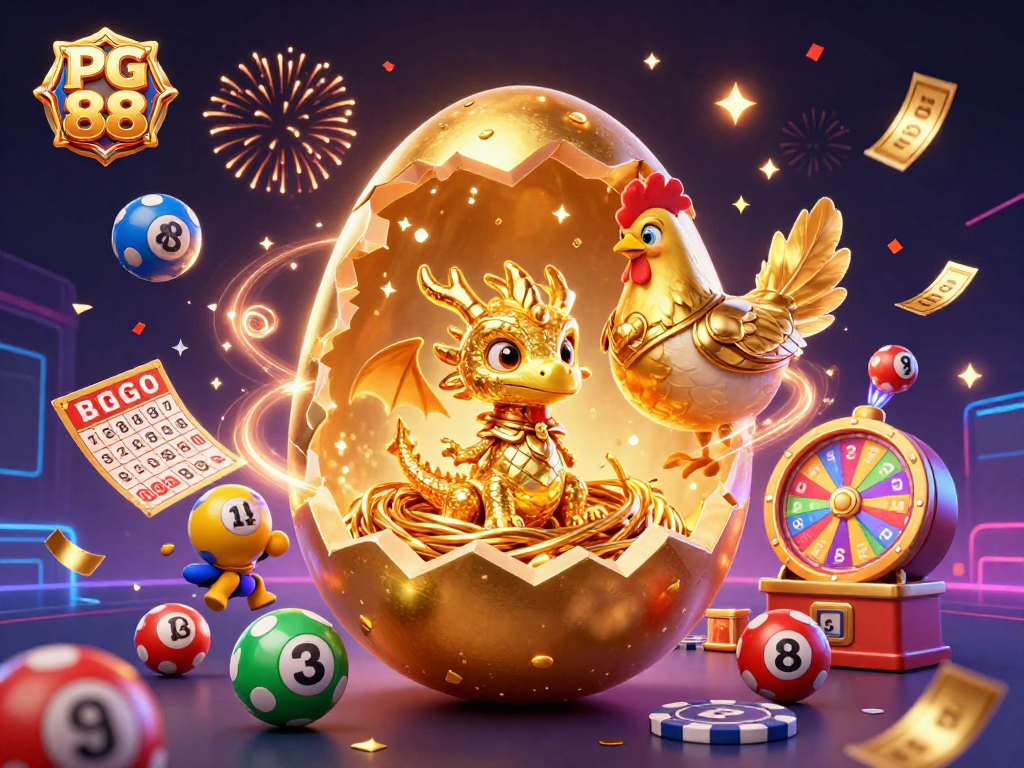 Engage with PG 88’s vibrant 3D illustration featuring a golden dragon and dynamic lottery elements.