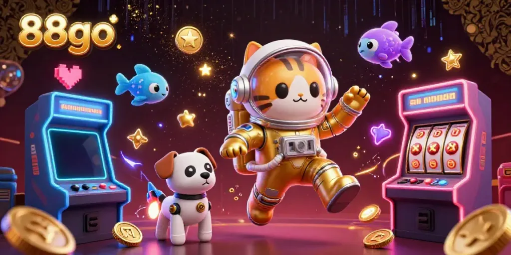 Experience the thrill of 88go with a vibrant 3D illustration of an astronaut cat in a casino-inspired space scene.